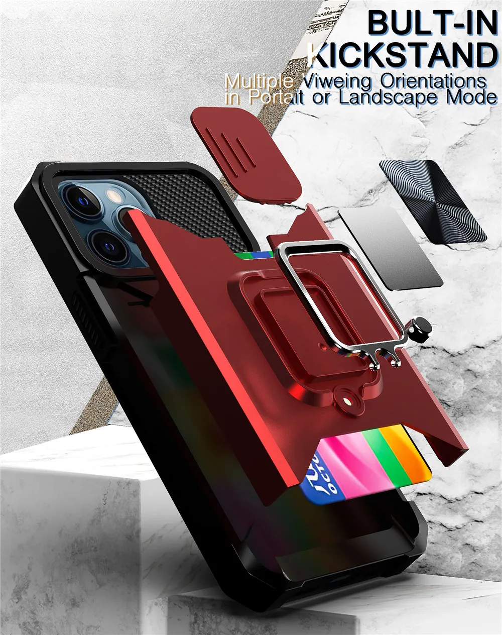 Para iPhone 13 Pro Max Case Slide Camera Protection Card Slot Case para iPhone 12 mini 11 Pro XR 7 8 Ring Stand à prova de choque Cover1614470