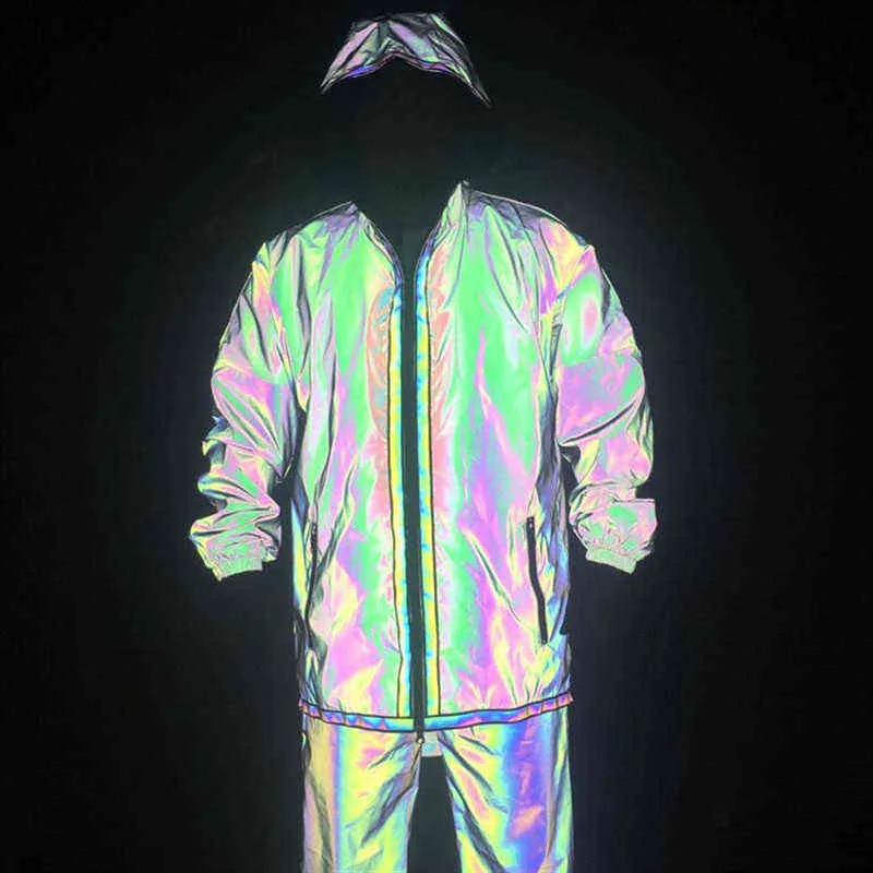 Män Höstnatt Färgglada Full Reflekterande Hooded Jacket Lång Sektion Krökt Hem Hip Hop Loose Windbreaker Vattentät Coats 211217