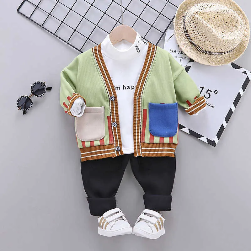 Primavera Autunno Bambini Vestiti di cotone Neonati maschi Cappotto con scollo a v T-shirt Pantaloni 3 pezzi / set Neonati Aggiungi tute bambini in velluto