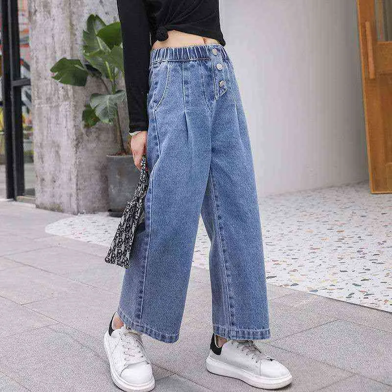 Girls Spring and Autumn Wide Leg Denim Pants Solid Elastic Waist Kids Jeans Korean Straight 3-13 Years Old Children's Trousers 211102