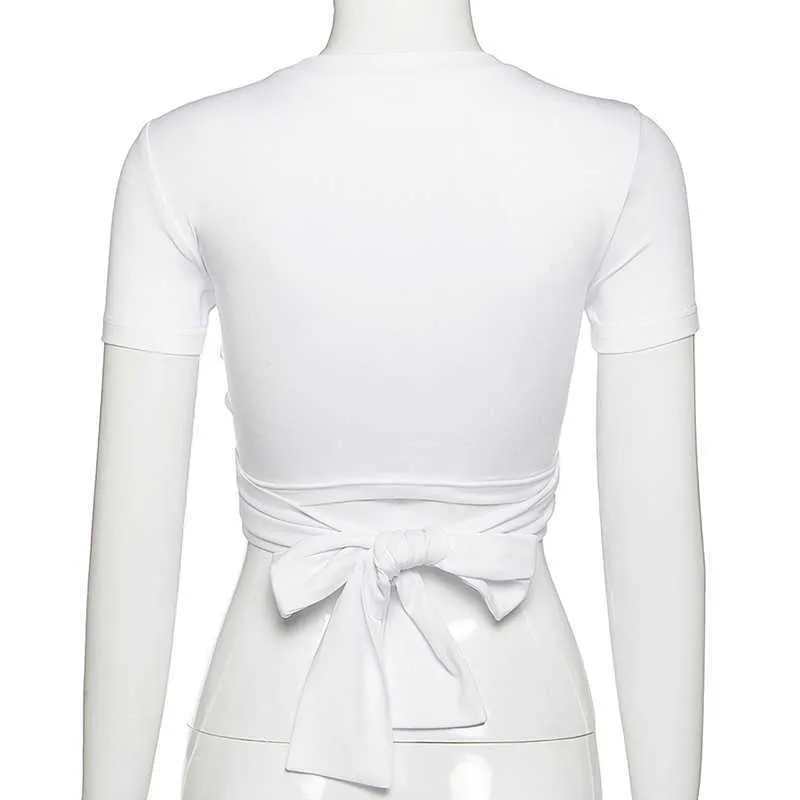 Colysmo blanc t-shirt femmes col rond manches courtes devant croisé dos cravate été hauts t-shirt style décontracté Sexy Streetwear 210527