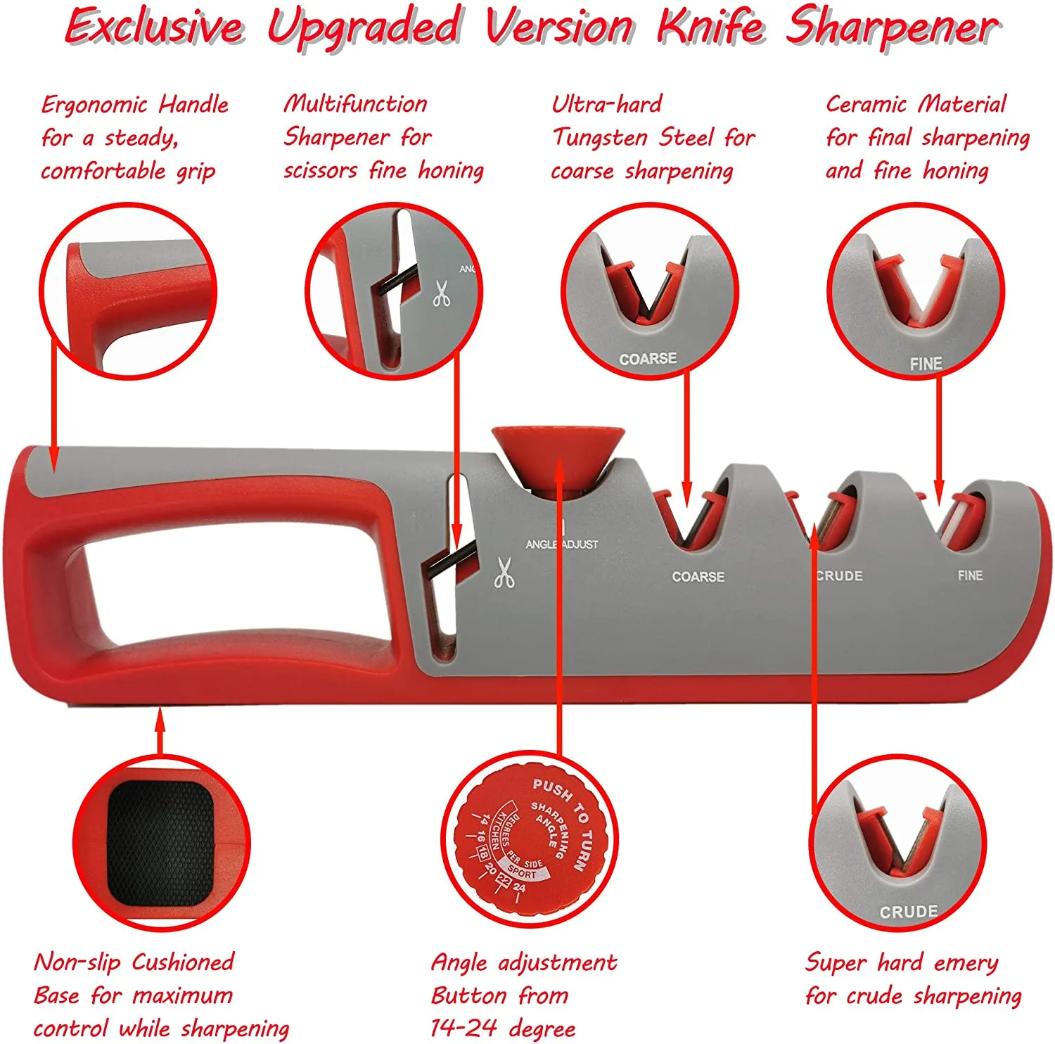 Aiguiseur de couteaux, couteau professionnel réglable en 3 étapes de 14 à 24 degrés + ciseaux avec base en caoutchouc
