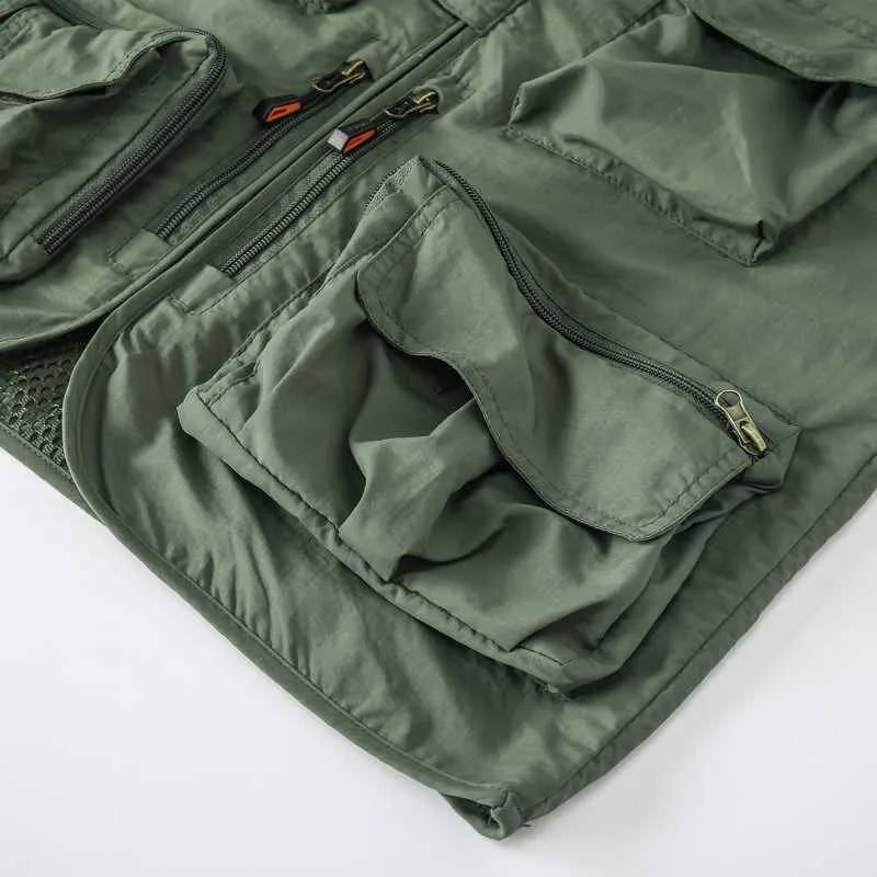 Outdoor Mäns Fiske Vest Jacket Poke Multi Pocket Zipper Ärmlös Manlig Militär Travel Vandring Mesh Drift Västar 210925