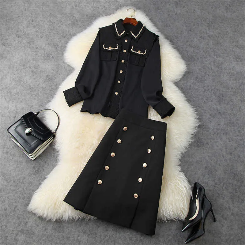 Primavera diseñadores Tweed Patchwork blusa y Aline falda traje mujer Oficina señora 2 piezas conjuntos a juego negro Twinset 210601