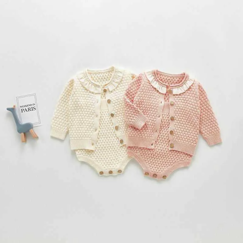 Baby Girl Vêtements d'hiver Col en dentelle Pull à manches longues Manteau + Romper Mignon 2 pièces Ensembles Enfants 0-3 ans E20103 210610