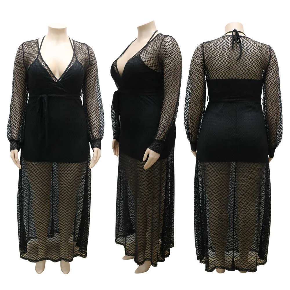 Artı Boyutu Siyah Seksi Elbise Setleri Toptan Moda Streetwear Mesh Maxi Elbiseler Kadın Parti Doğum Günü Kulübü Kıyafetler Bırak 211025