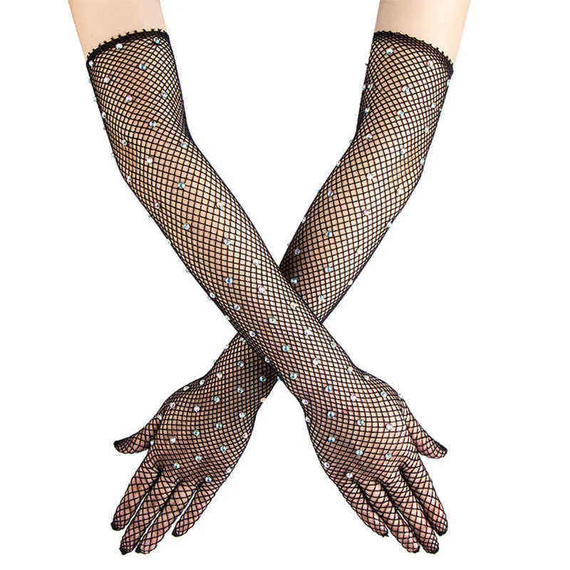 Sexy elastische Mesh-Handschuhe mit farbigen Flash-Diamanten Bungee-Bühnenauftritt Hohlfischernetz Punk Hiphop Damen R51 220113