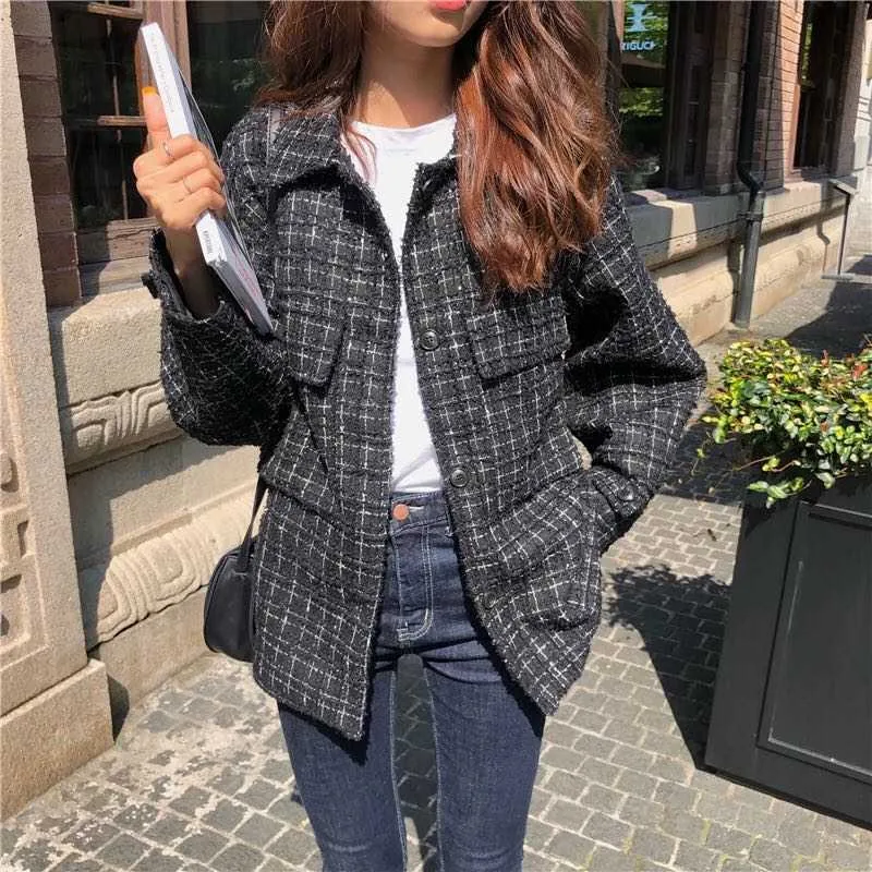 Vintage donna poliestere perle moda donna spessa camicia plaid cappotto femminile streetwear ragazze eleganti giacca oversize chic 211014