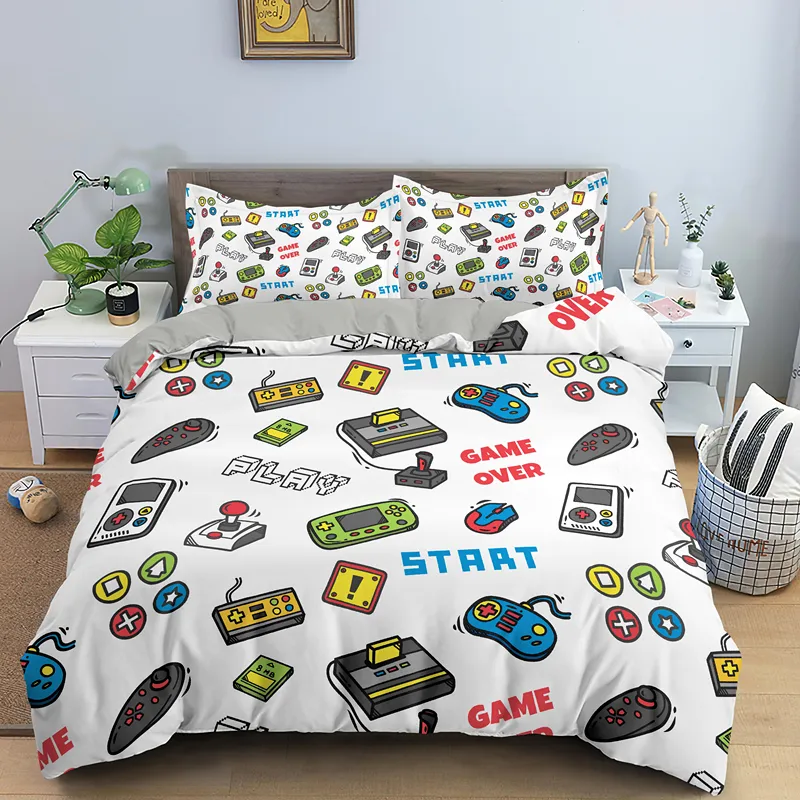 温かい販売ゲームベッドセットの男の子ゲーマーの城布羽毛布団カバーゲームのテーマベッドルームの装飾シングルキング寝具セットホームテキスタイル210309