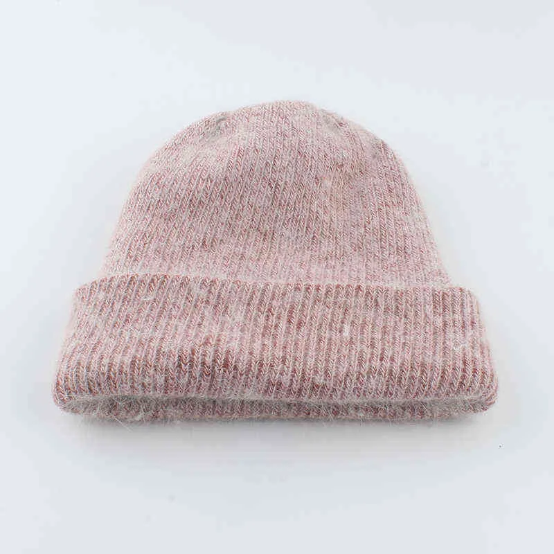 Unisexe couleur unie réel fourrure de lapin bonnets hiver tricoté chapeau pour femmes laine Bonnet femme automne chaud Skullies Y21111