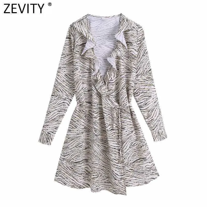 Zevidade Mulheres Cross V Neck Leopard Imprimir Lace Up Kimono Mini Dress Prairie Chic Manga Comprida Vestido Ruffles Drives DS4917 210603