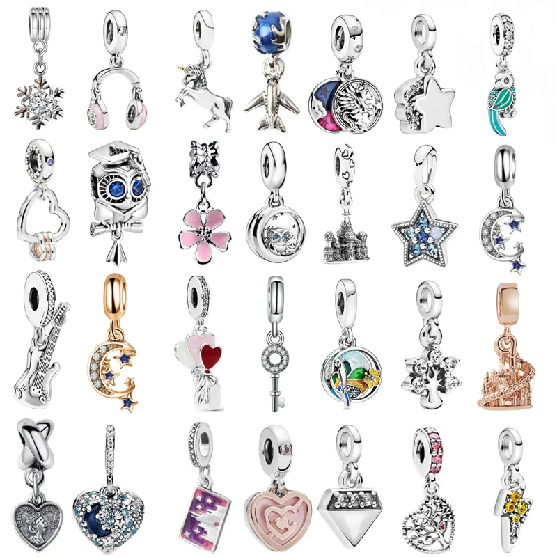 2021 New Snowflake Unicorn Castle Owl Stjärnor Moon Guitar Pärlor Fit Original Pandora Charms Armband för Kvinnor Fina Smycken Gåvor