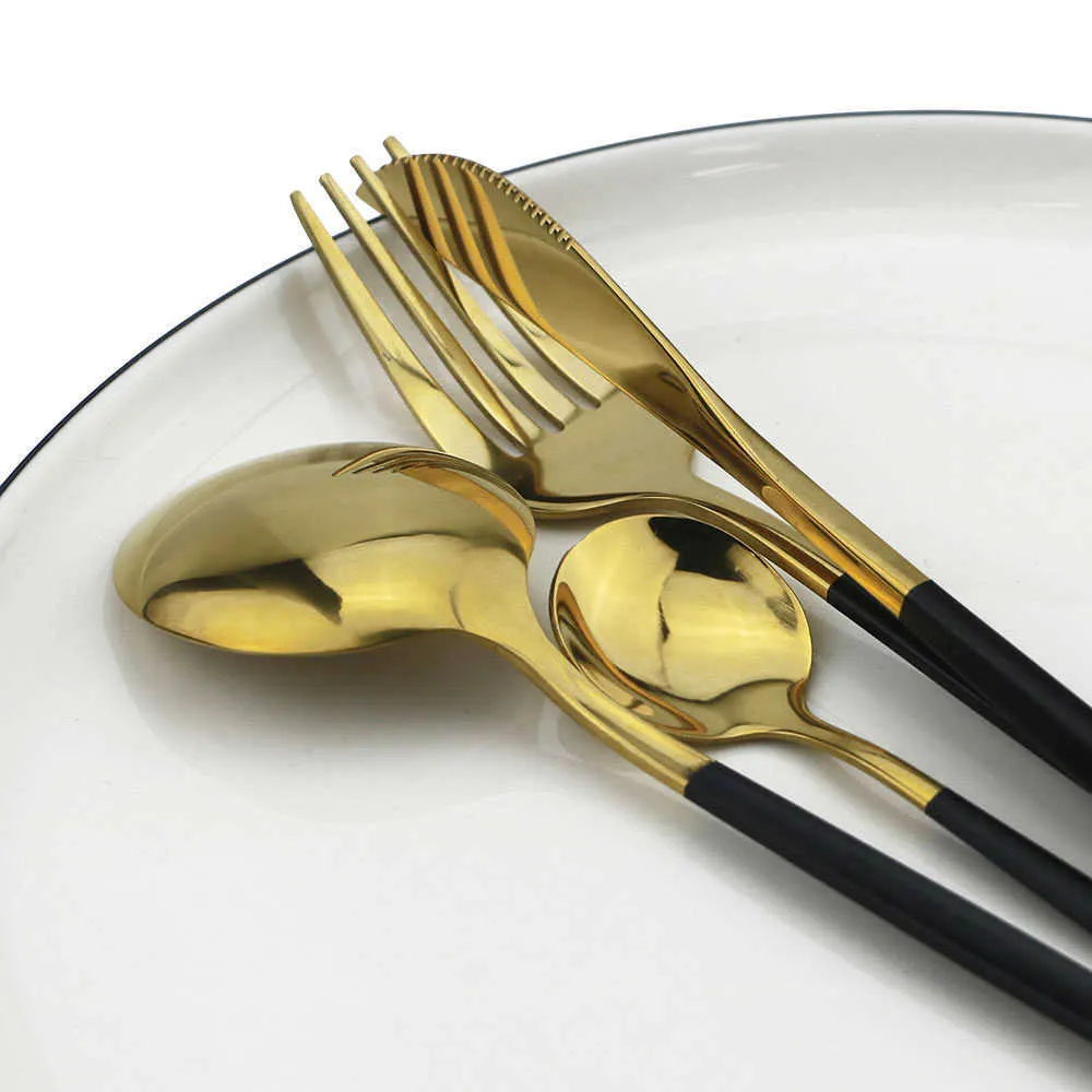 JANKNG Schwarz Gold Besteck Set Edelstahl Geschirr 16/24 Teile Küche Geschirr Messer Gabel Löffel Besteck Abendessen 211012