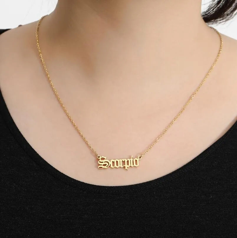 12 Constellation Jewelry Stainless Steel Zodiac Letter Necklace Virgo Leo Taurus Gemini Cancer Old English Constellation Collar Y07046271