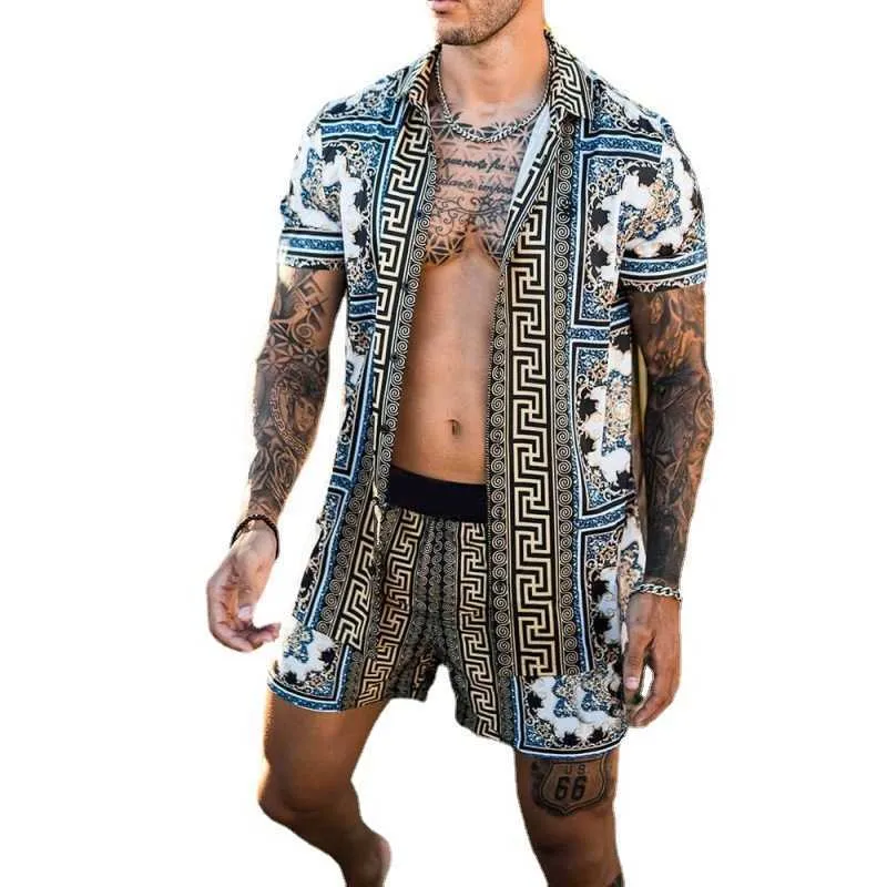 Conjuntos de pantalones cortos de verano 2021 para hombre, ropa de calle con estampado de manga corta, camisa de playa para hombre, chándal informal con botones hawaianos, trajes de dos piezas X0610
