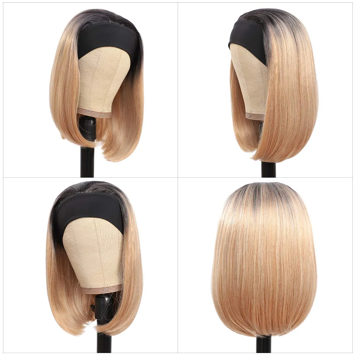 Ombre Blonde Bob Wig com faixa de cabeça para mulheres negras 10 12 14 polegadas Nenhum laço frontal peruca sintética peruca de cabelo reto Diariamente Wearfactory direc