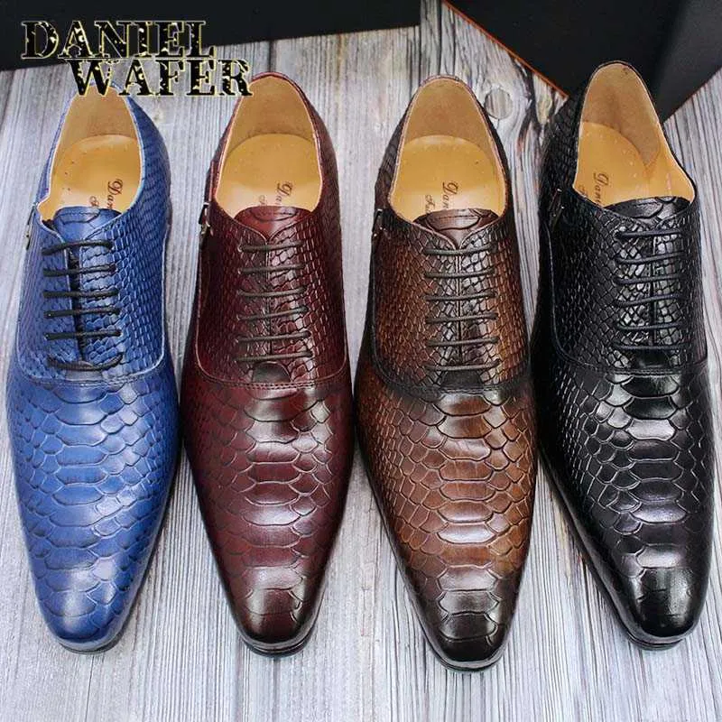 Мода мужские платья кожаные ботинки змеиная кожа принты классический стиль вина синий кофе черный зашнуровать заостренные мужчины Оксфордская формальная обувь 210624