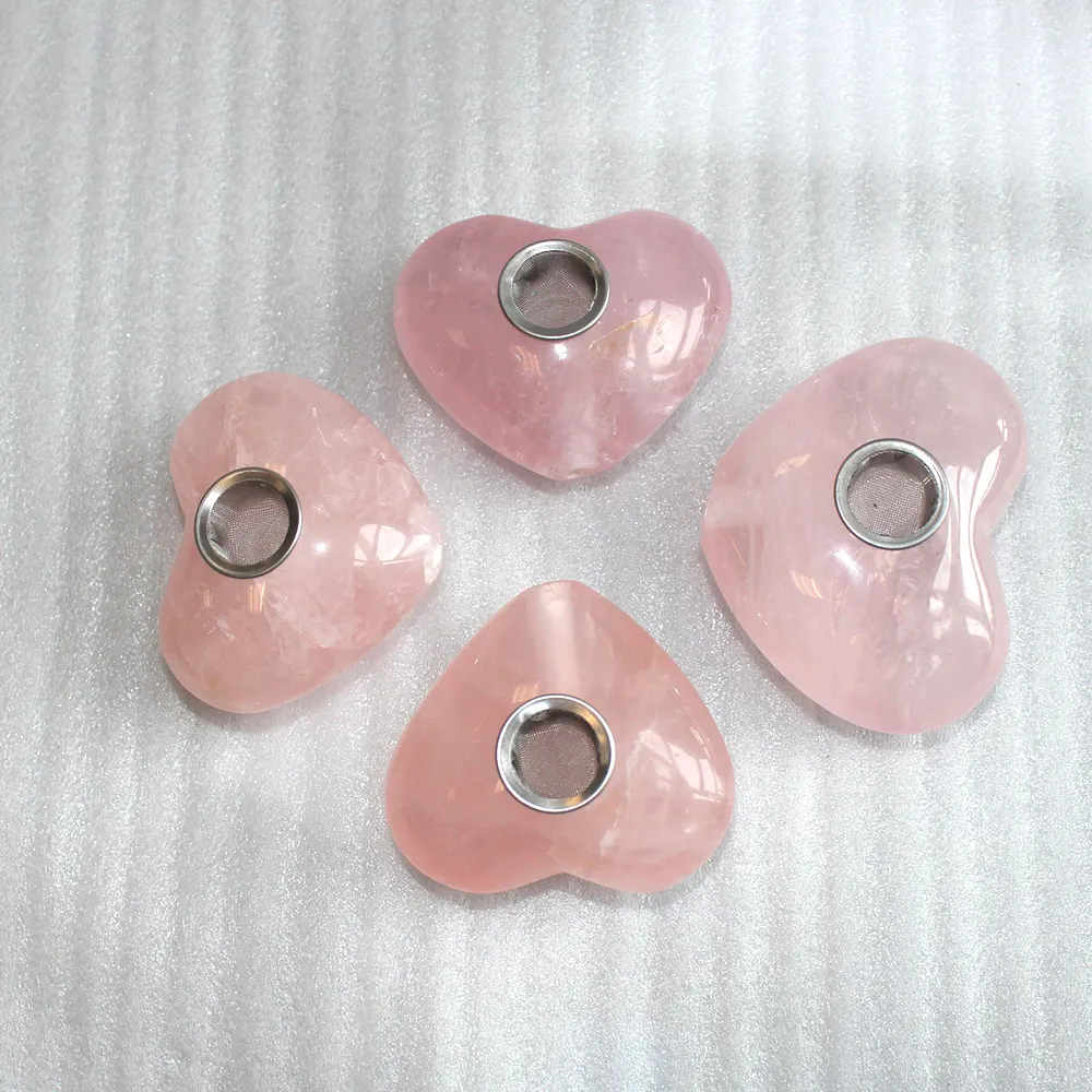 Natutal Rose Quartz Crystal Pipe Pink Crystal Smoking Heart Shaped Striped Love Healing Gemstones Heart Tobacco Pipes Gifts C06149737