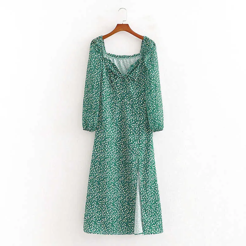 Весенняя старинная с длинным рукавом Зеленое цветочное платье Женщины осень зима щель длинного макси 2020 листьев печати Boho платье Vestidos X0705