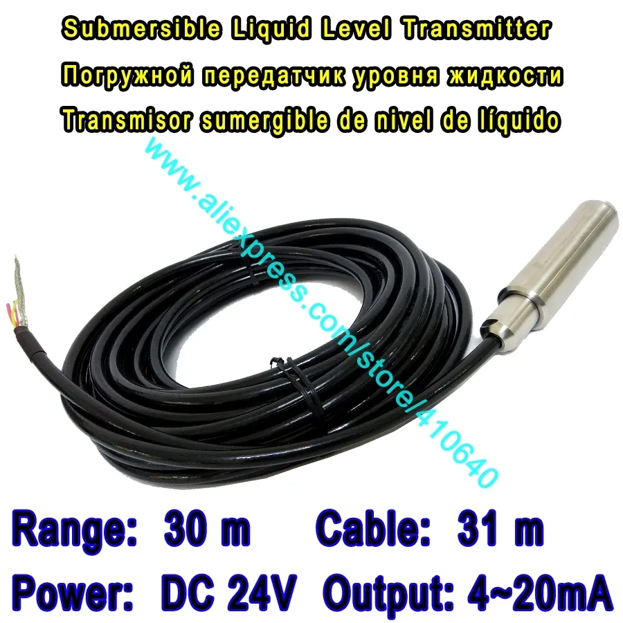 De l'usine Portée de 30 m Transmetteur de niveau d'eau Sonde Sortie 4 à 20 mA Alimentation DC 24 V Câble de 31 m Longueur pour diverses utilisations