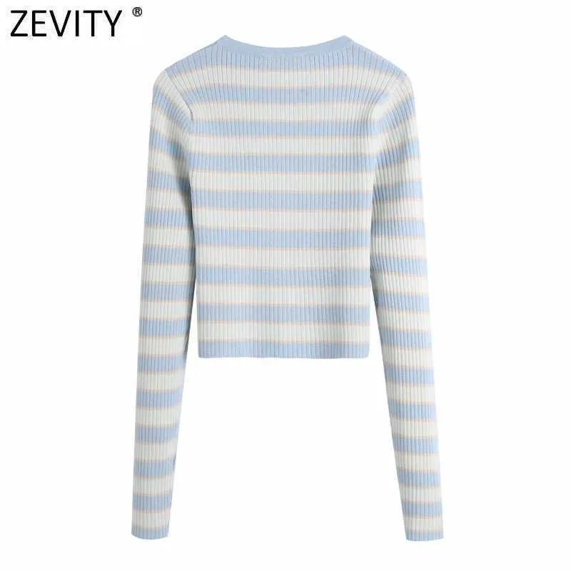 Zevidade mulheres moda o pescoço manga longa listrada camisola de tricô feminino breasted slim cardigan suéter chic colheita tops SW828 210603