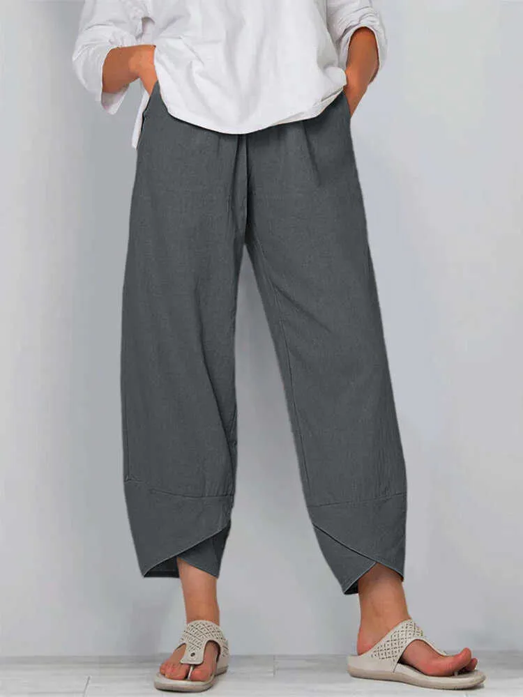 Pantalones Harem Mujer Pantalones de verano Casual Cintura elástica Algodón Lino Pierna ancha Pantalones sueltos Ropa de talla grande 210925