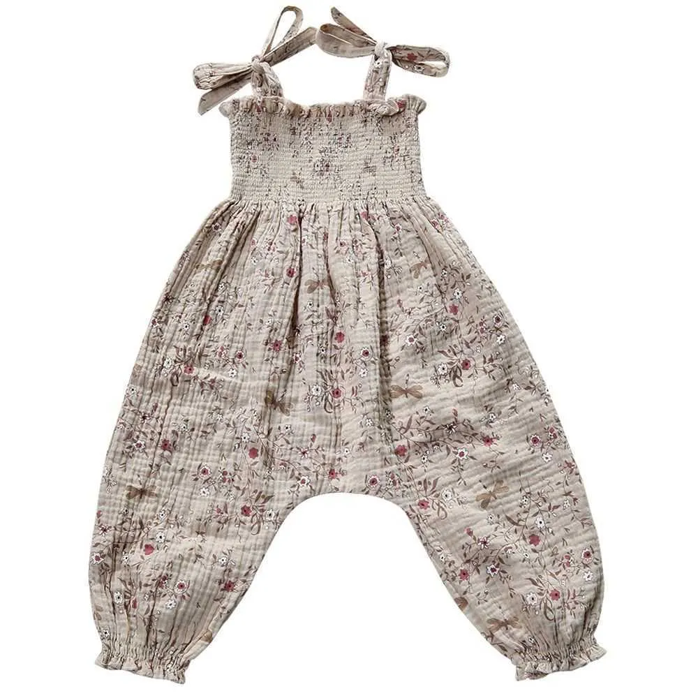 夏の女の子プリントストラップ調節可能なオーバーオールジャンプスーツ子供のローマンの赤ちゃん女の子服210701