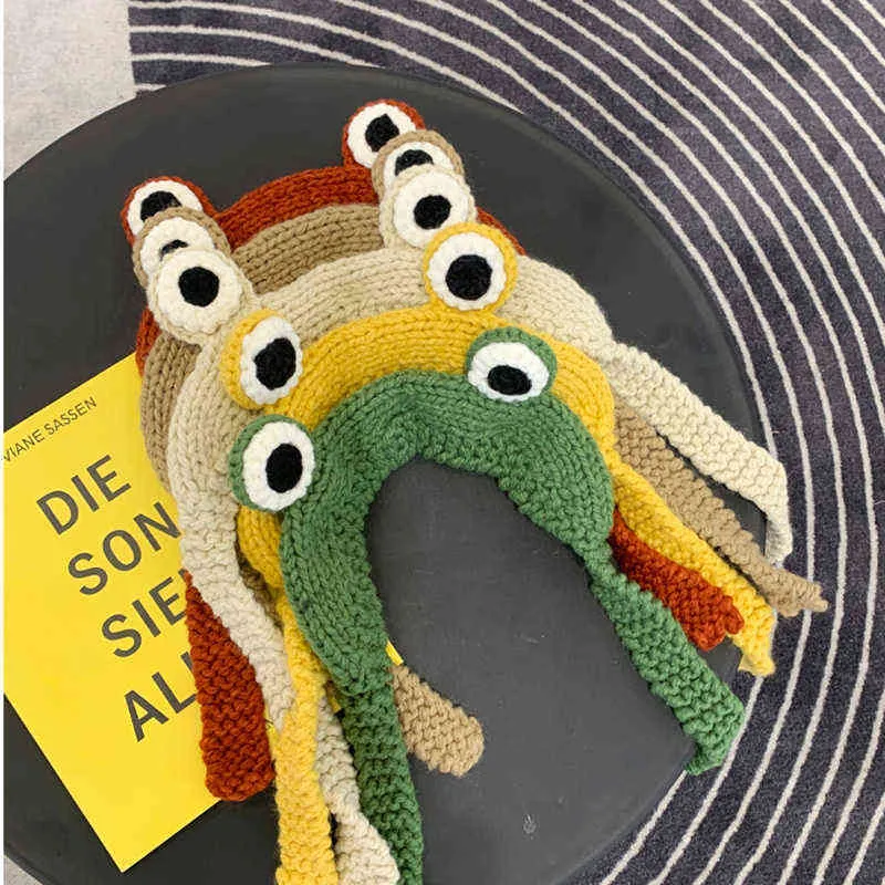 Cute Green Frog Hats Handmade Crochet Knit Hat Outdoors Autumn Big Eye Frog Winter Ear Protective Beanie Caps Party Festival Y21111