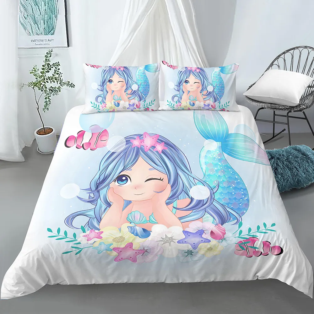 Beddengoed Set Crib Dekbedovertrek voor Baby Kinderen Kinderen Kussensloop Cartoon Mermaid Edredones Niños Meisjes Prinses Quilt Cover 210317