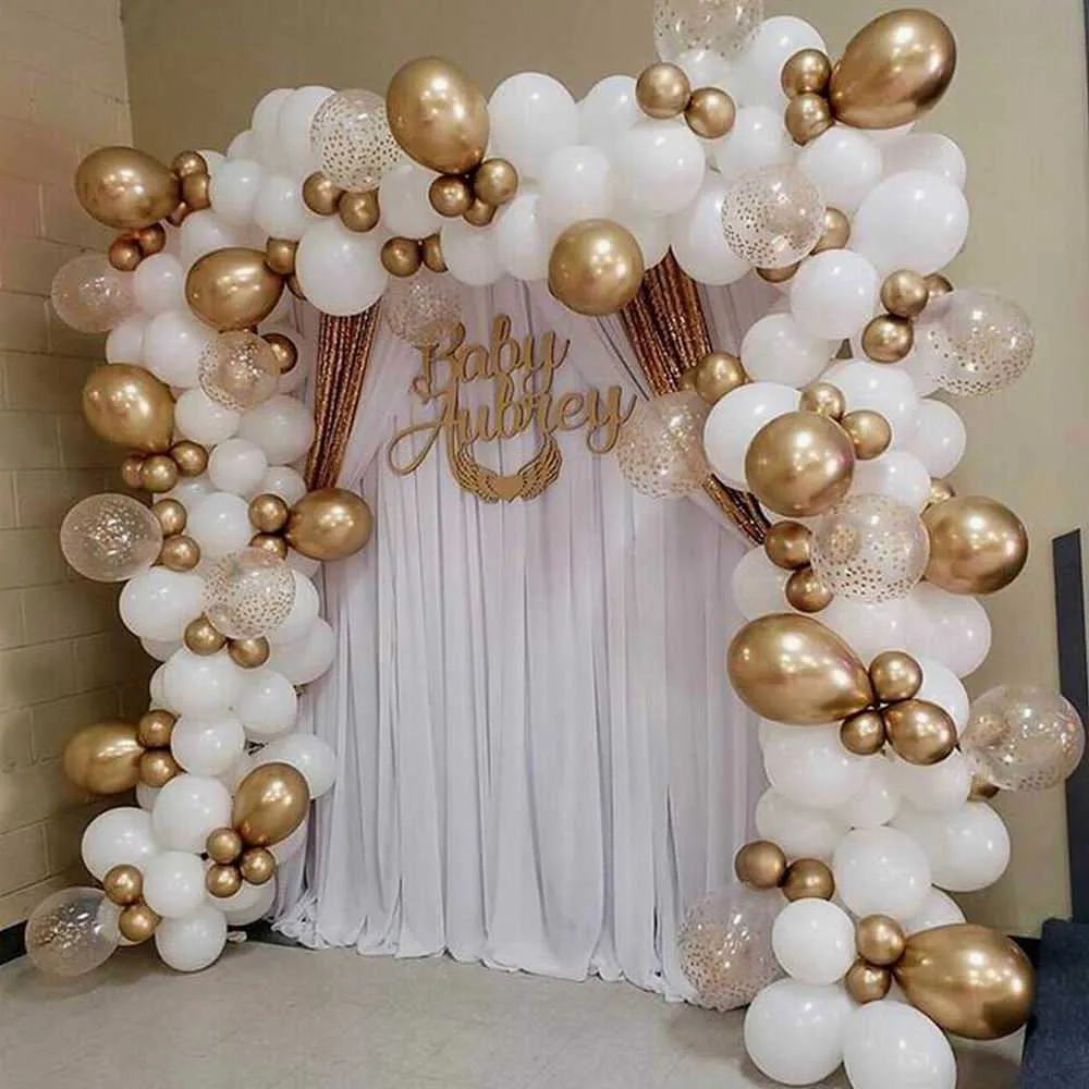 147 unids Globo de oro blanco Garland Arch Kit Gold Dot Chrome Metallic Latex Ballon Boda Fiesta de cumpleaños Decoración Baby Shower Globo 210626