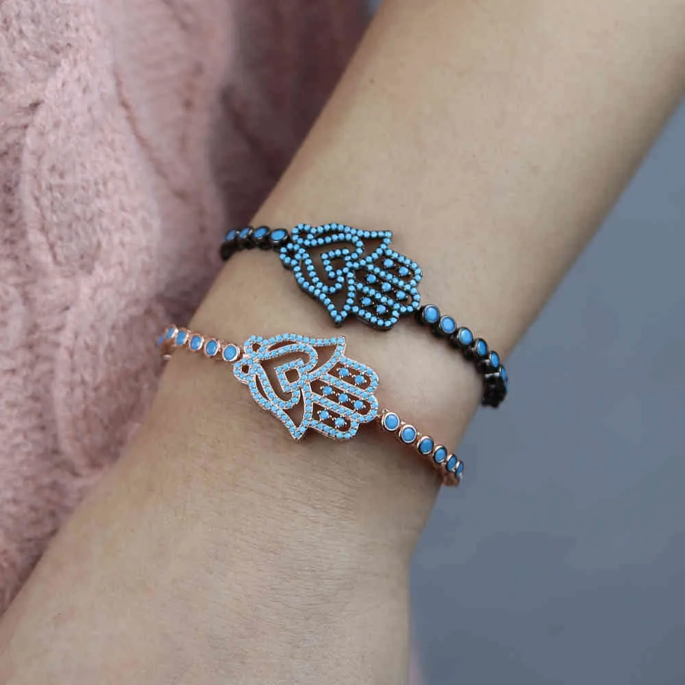 2021 mauvais oeil turc Bracelet mode Fatima Hamsa main pavé Turquoises Pulsera Mujer Moda Chic bijoux femmes cadeau