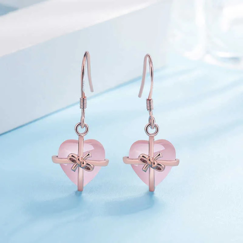 Kvinnor Örhängen Dangle Crystal Silver Plated Natural Heart Pink Rose Standard Smycken Drop Style
