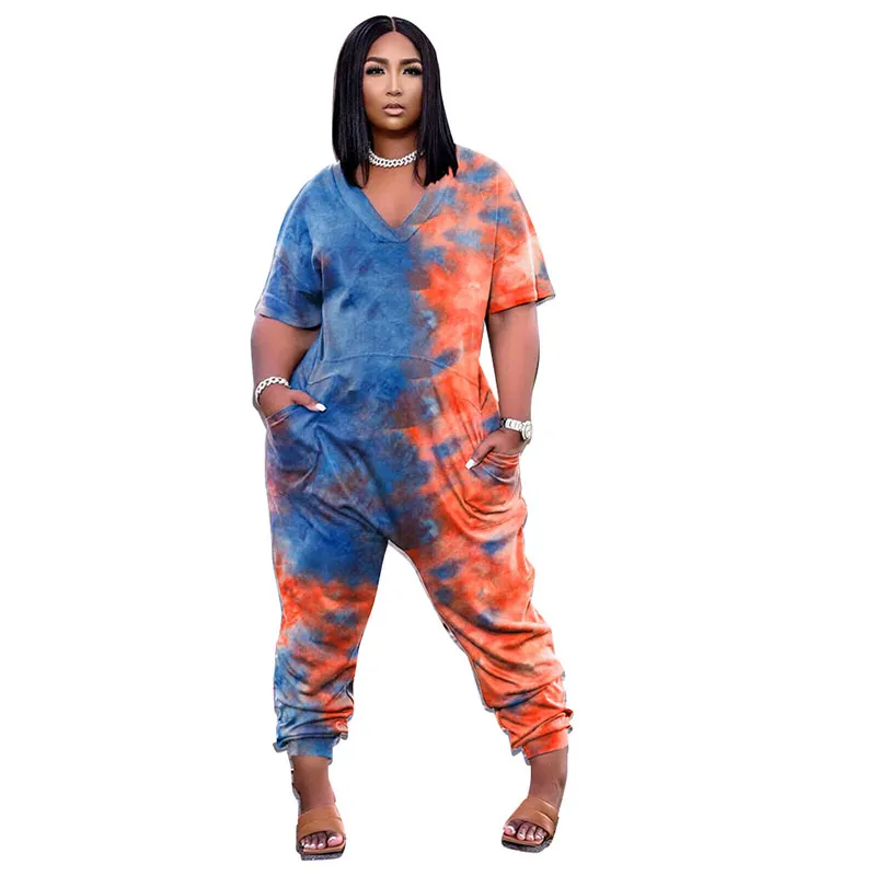 Women's Tie Dye One Piece Rompers Lounge Pants Short Sleeve V-Neck Jumpsuit Loose with Pockets 4 Colour Select