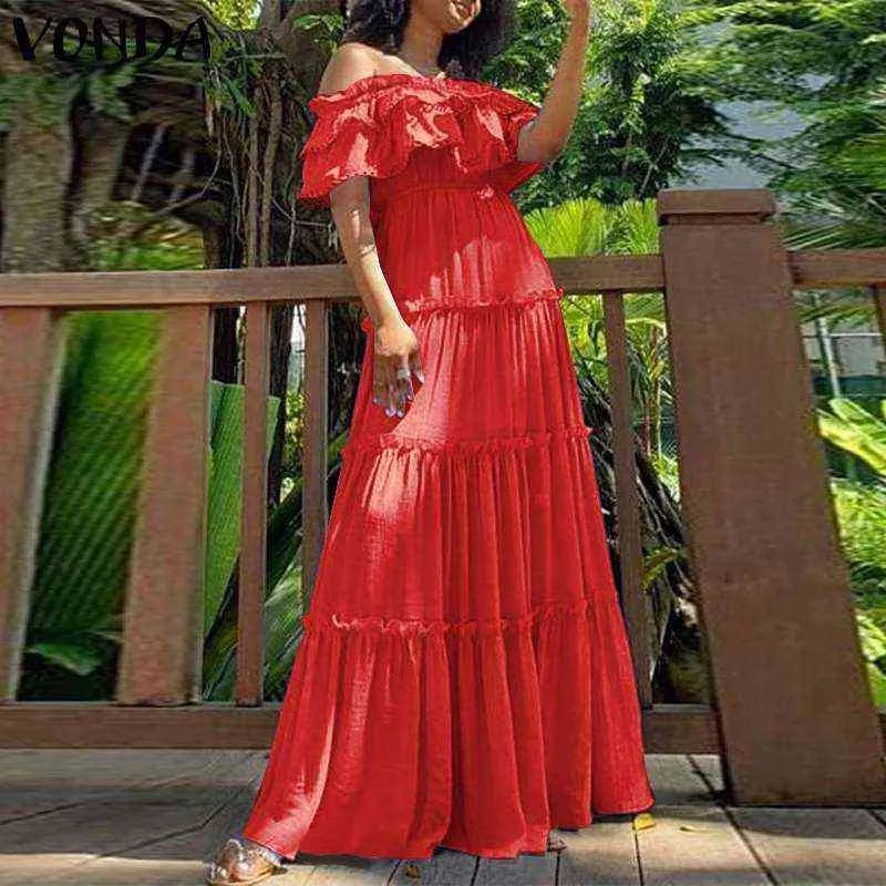 Летнее платье 2021 Vonda женщин повседневная твердая с плеча платья богемная вечеринка Vestidos свободный пляжный сарафан HORDE Y1204