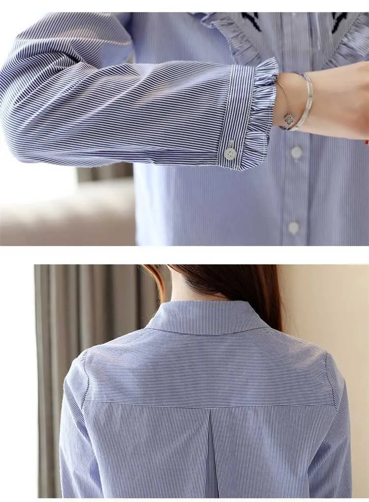 Blusas Mujer De Moda Autumn Fashion Women Blouses Square Collar Embroider Stripe Women Tops Plus Size Shirts 7101 50 210527