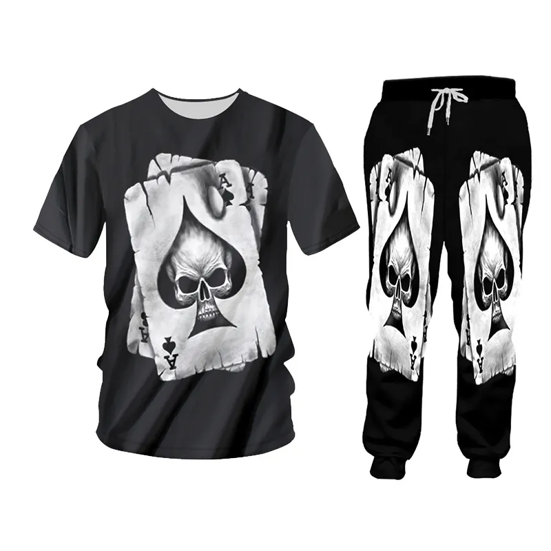 CJLM Men Set Black Cool Print Skull Skull Poker 3D Vest Hombre костюм для костюма бегун
