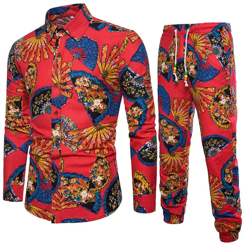 2019 Nouvelle Boutique Coton et Lin Mode Impression Chemise À Manches Longues + Pantalon Hommes Costumes Occasionnels Ensemble Mâle X0610