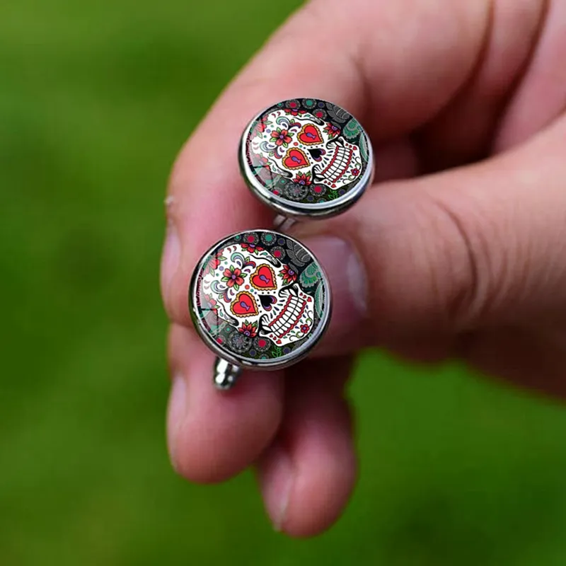 メキシコのフォークアートシュガースカルカフリンクレトロ誇張8スタイルデッドスケルトンパーティーメンスリーブシャツcufflinks7509131