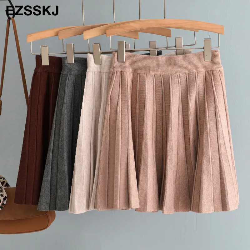 Autumn Winter Short Women Mini Sweater Pleated Aline Sun Kjol Highwaist 210311