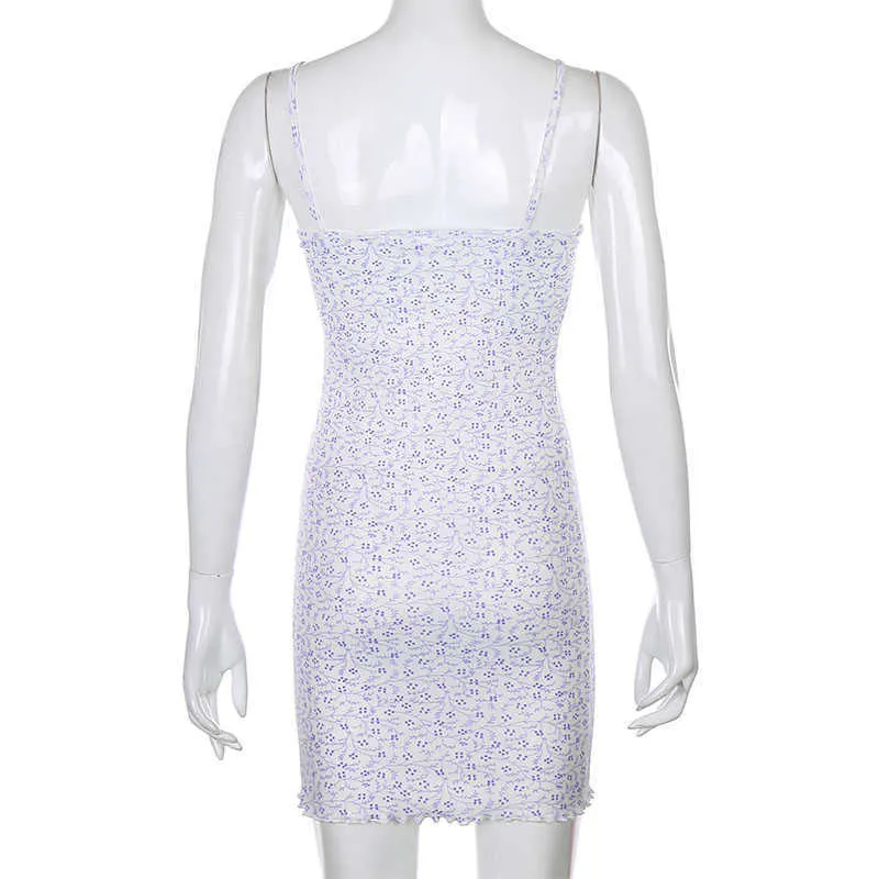 Heyoungirl sommar blommigryck ärmlös mini klänning casual spaghetti rem korta klänningar lapptäcke spets vita kvinnor klänning x0521