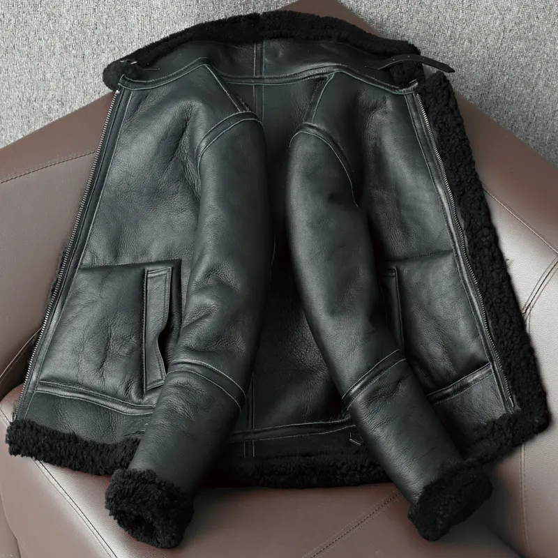 オートバイプラスサイズ5xl厚いシープスキンナチュラルウォームコートのための冬の本物のシープスキンレザージャケットメンズウールの毛皮のジャケット