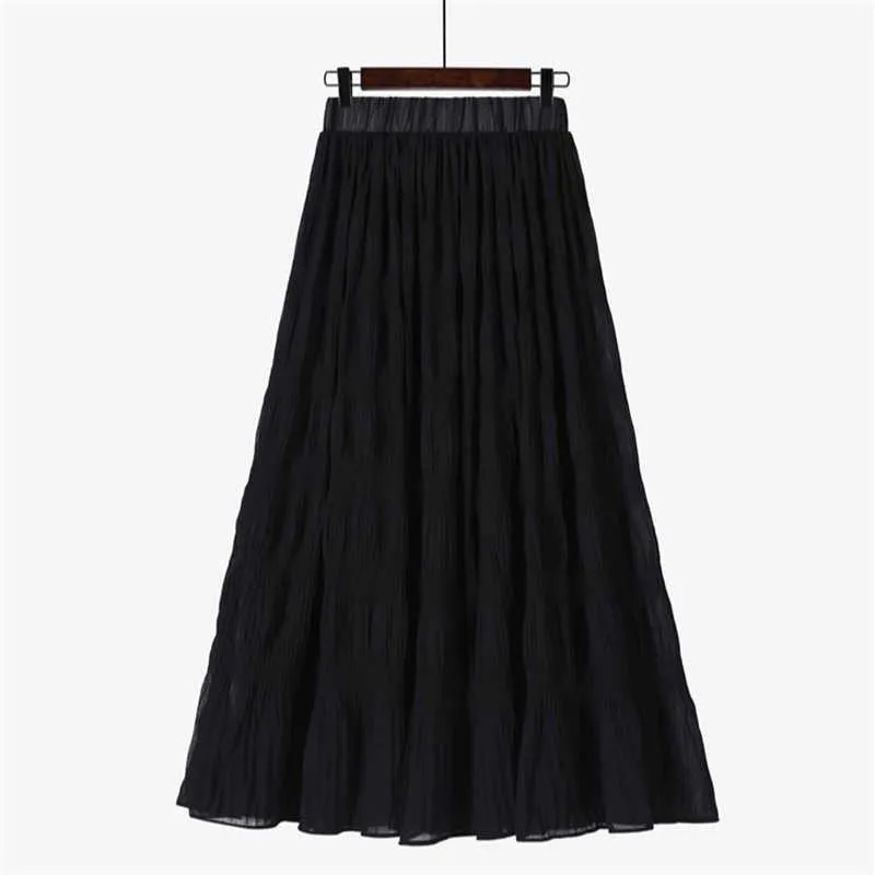 Plus Taille Jupe longue noire Femmes Stretch Taille haute Solide Mousseline de mousseline A-Ligne Casual Plissé Midi Faldas Saias Streetwear 210629