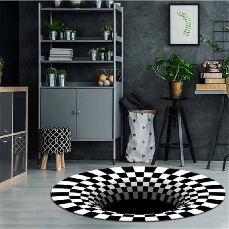 Bedroom Rugs Black White Grid Printing 3D Illusion Vortex Bottomless Hole Carpets For living room Home Decoration Rugs 210727