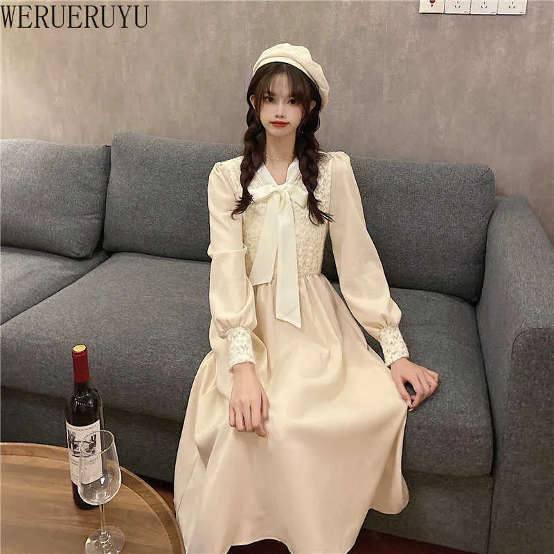 WERUERUYU Japanese Sweet Lolita Dress Bow Neck Long Sleeve Elastic Waist Kawaii Dress Female Autumn Harajuku Women 210608