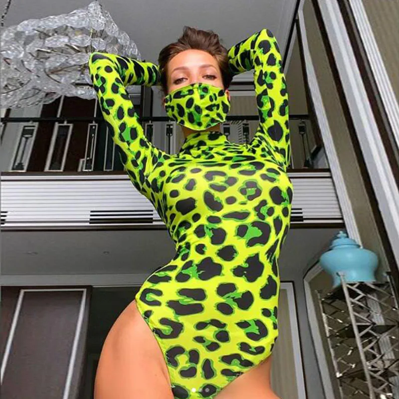 Cnnyishe Kadın Uzun Kollu Leopar Cilt Prinetd Bodysuit Seksi Neon Yeşil Sokak Giyim Tulum Sıska Üstler Moda Rompers 220226