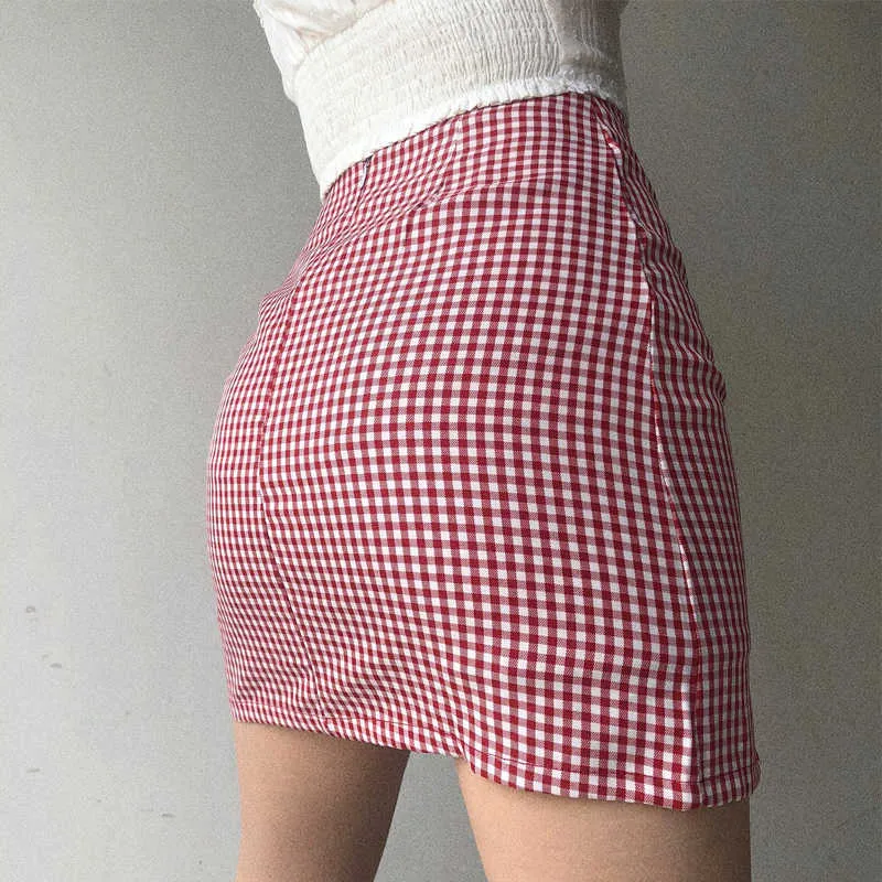 Summer Fashion Red Blue Slim Small Plaid Bifurcation Sexy MINI Pencil Skirt Girl Female Casual Harajuku Skirts B032 210603