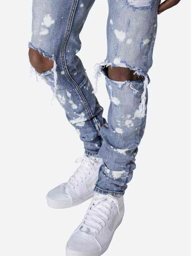 Homens Outfit Rua Afligido Snow Wash Lavagem Dot Design Lápis Jeans Homens Nova Moda Slim Jean Joelho Holes Hip Hop Denim Calças G0104