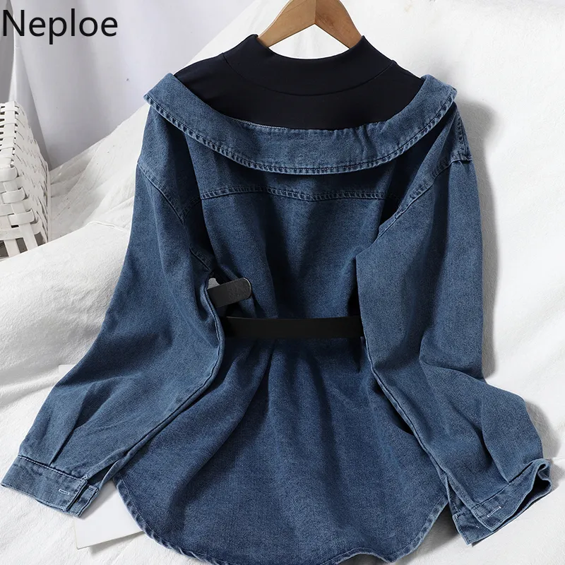 Neploe Patchwork Chemises Faux Deux Pièces Femmes Blouses Manteau Coréen Simple Poitrine Denim Blouse Cowboy Chemise Veste Bandage Tops 210308