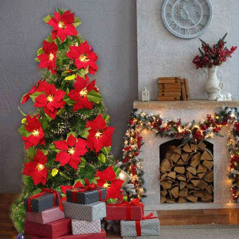 2M 10LEDクリスマスの人工ポインセチア花ガーランドストリングライトホリー葉クリスマスツリーの飾りクリスマスの家の装飾211122
