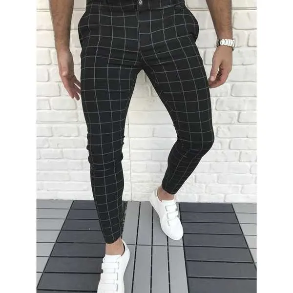 Men's Business Dress Pants Classic Stretchy Slim Fit Plaid Skinny Trousers  Casual Fashion Golf Pencil Pants,Black,S at  Men's Clothing store